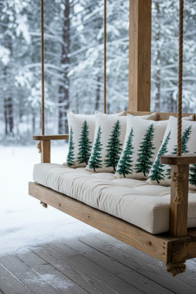 Natural wood porch swing hung by thick rope, tufted cushion and white pillows with green pine motif, snow-dusted deck—family-friendly cozy porch ideas.