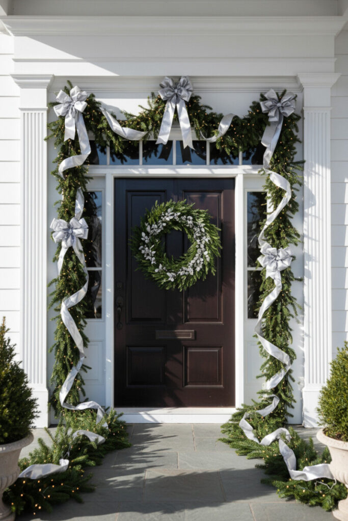 High-gloss dark door framed by trailing fir garland woven with silver satin ribbons and warm lights—elegant Winter Front Porch Decorations.