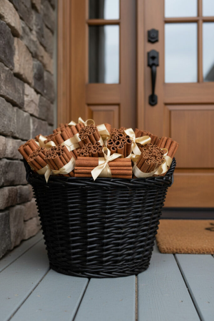 Black wicker basket overflowing with bundled cinnamon sticks and gold ribbon beside warm wood door—elegant front porch winter decor accent.