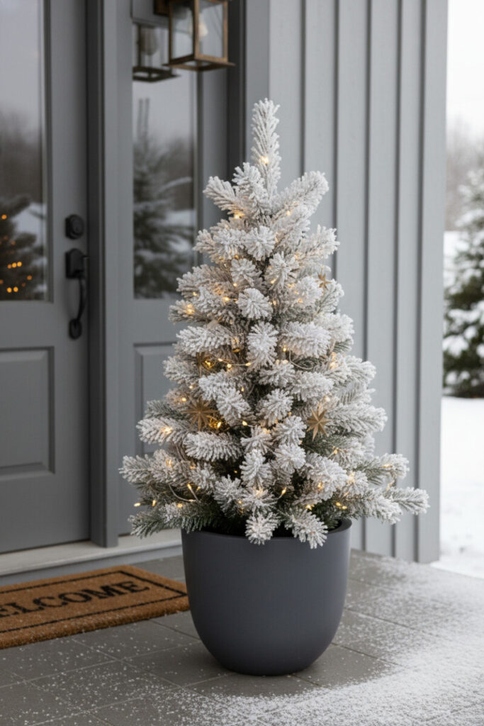 Snow-flocked faux spruce in matte charcoal planter with warm lights and brass star ornaments—refined small porch winter decorating ideas.