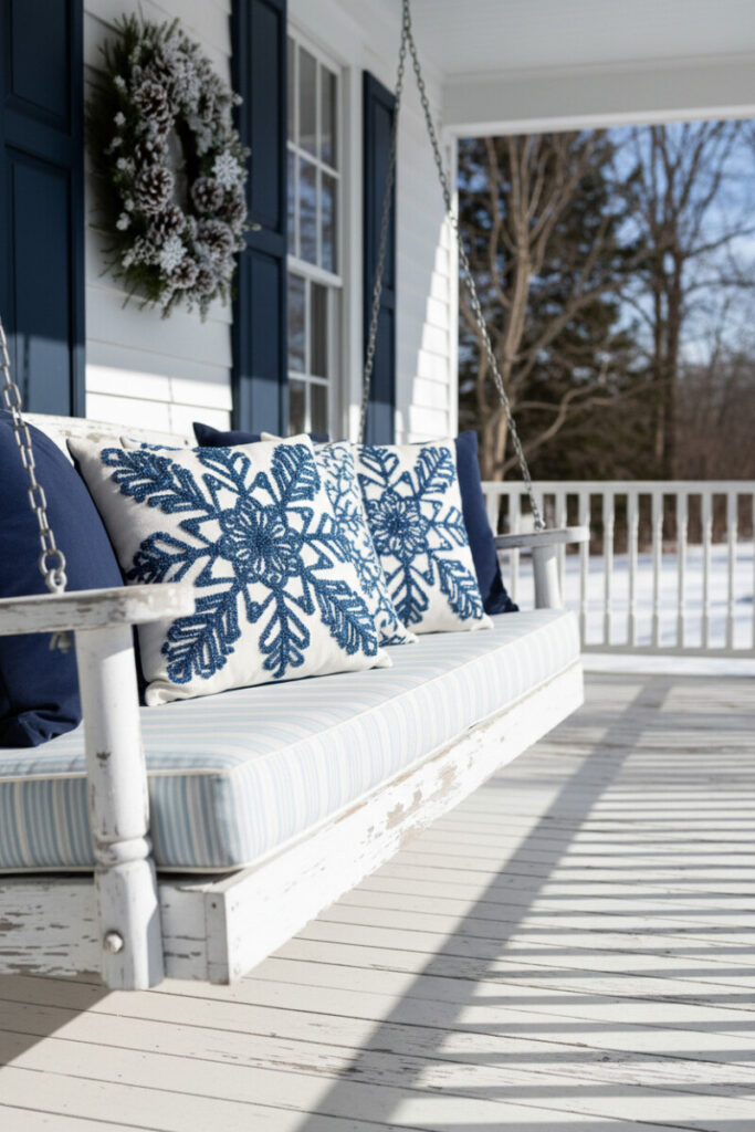 Distressed white bench with striped cushion, navy pillows, and cobalt snowflake embroidery beneath navy shutter wreath—crisp small porch winter decorating ideas.