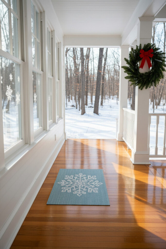 Bright enclosed porch with glossy hardwood floors, light-blue snowflake mat, window decals, and evergreen wreath with red bow—sunny winter welcome.