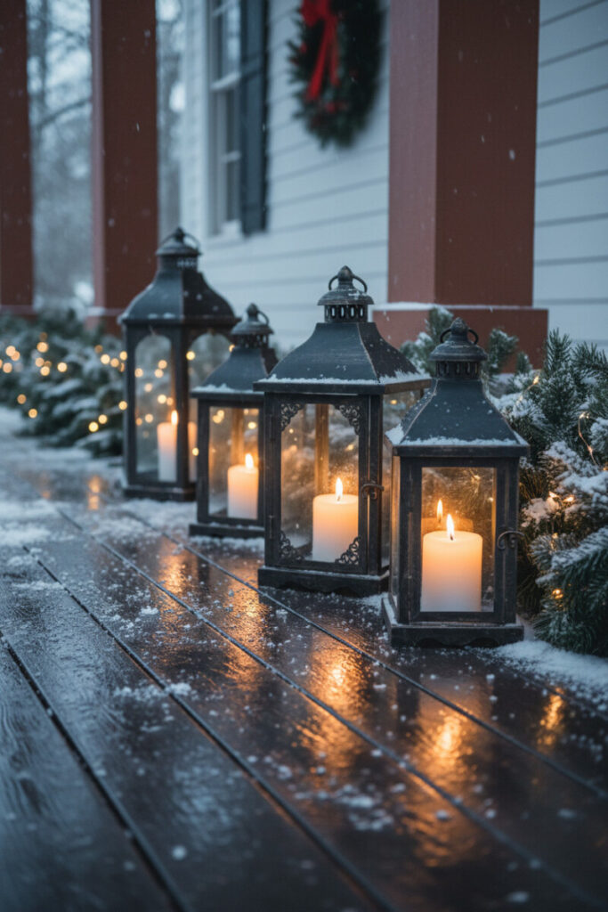 Row of antique metal lanterns with glowing pillar candles on snow-dusted dark boards, evergreen boughs woven with micro lights—moody cozy porch ideas.