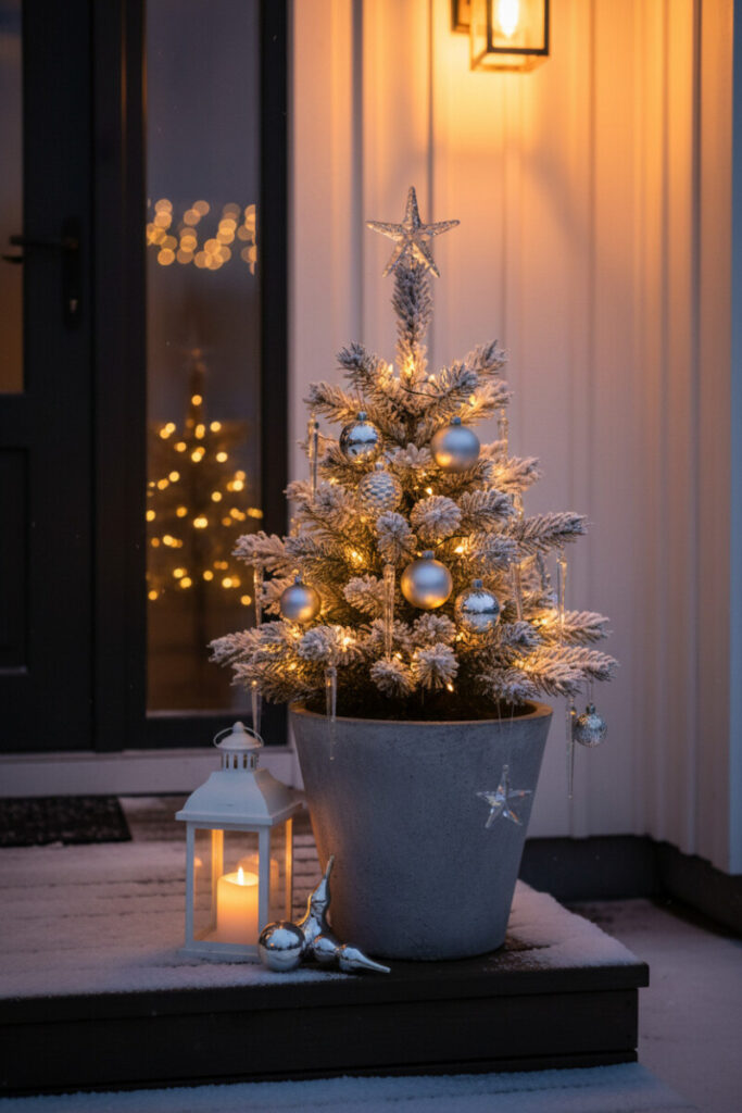 Small flocked pine in gray cement planter decorated with silver and crystal ornaments and crystal star—sparkling minimalist tree.