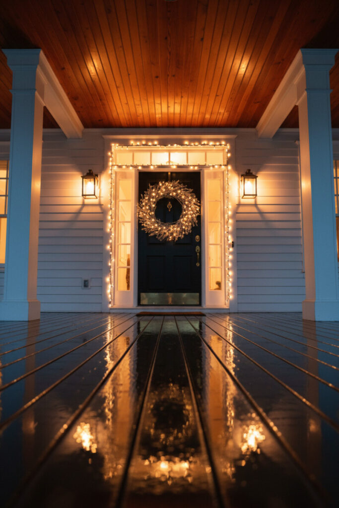 Doorway outlined with multiple warm string lights and frosted twig wreath, polished wood ceiling reflecting amber glow—radiant front porch winter decor.