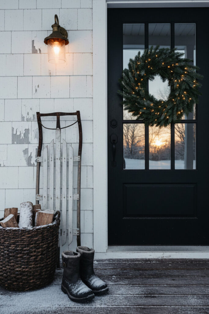 Vintage toboggan sled, woven firewood basket, and snowy boots beside a dark door with lit wreath—story-rich rustic winter front porch decorations.