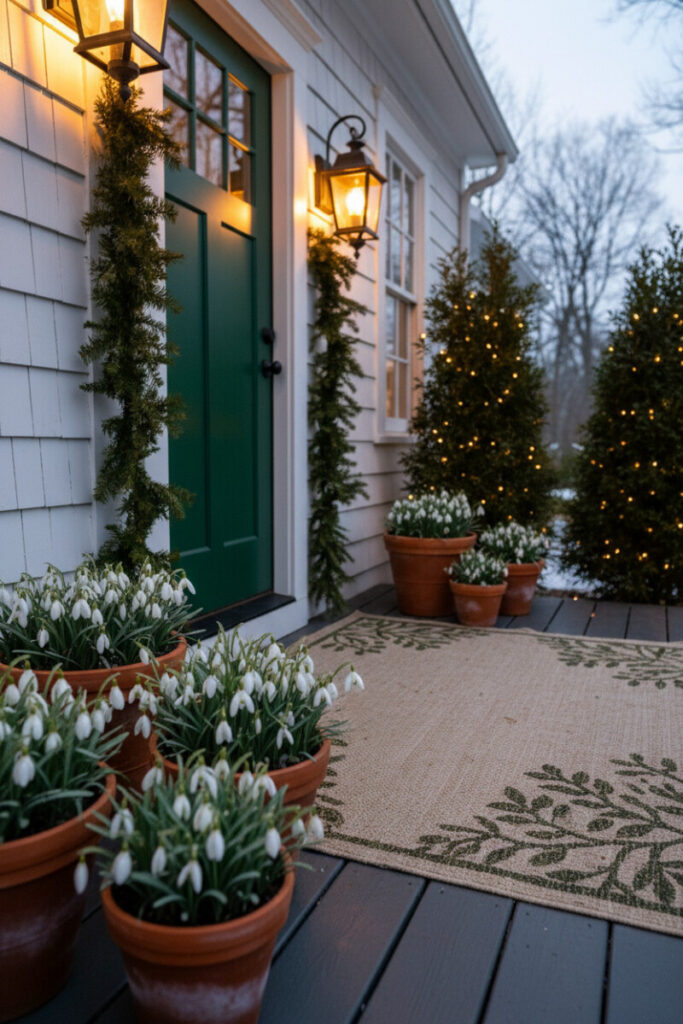 Deep green door framed by white siding, patterned beige outdoor rug, terracotta pots of white snowdrops, and micro-lit evergreens—textural Winter Front Porch Decorations.