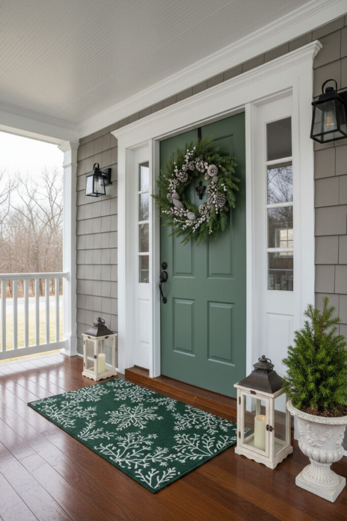 Sage green door with frosted-cone wreath, dark forest-green welcome mat printed with white winter branches, cream lanterns—graphic front porch winter decor finish.