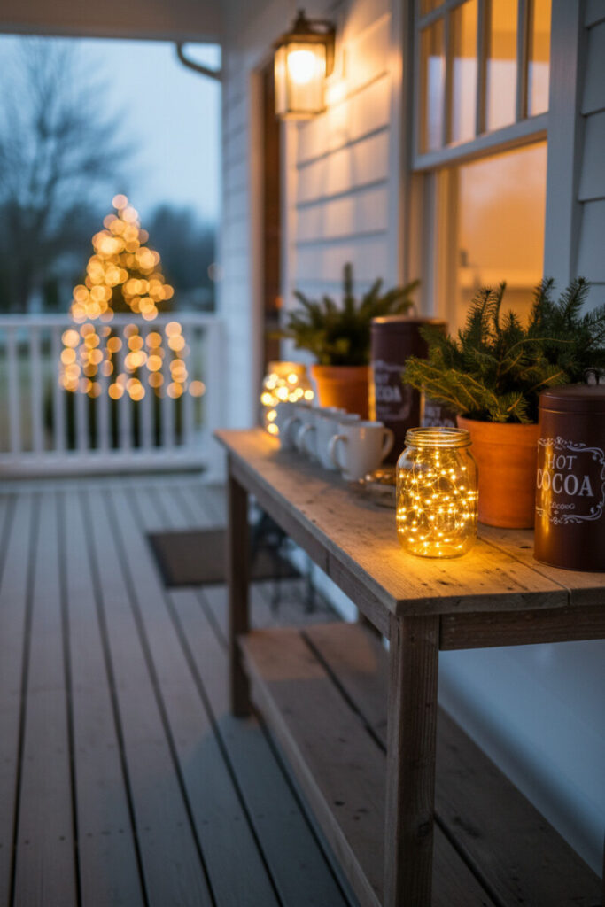 Rustic console hot cocoa station with mugs, cocoa tins, evergreens, and glowing fairy lights—warm, inviting setup for cozy porch ideas.