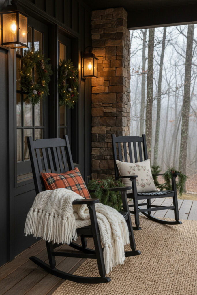 Pair of charcoal rocking chairs with plaid cushions, knit throws, and jute runner under lantern glow—classic front porch winter decor scene.