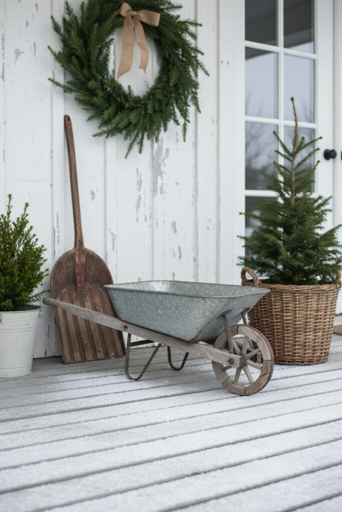 Distressed wheelbarrow, vintage wooden snow shovel, and potted evergreens on snow-dusted boards—farmhouse rustic winter front porch decorations.
