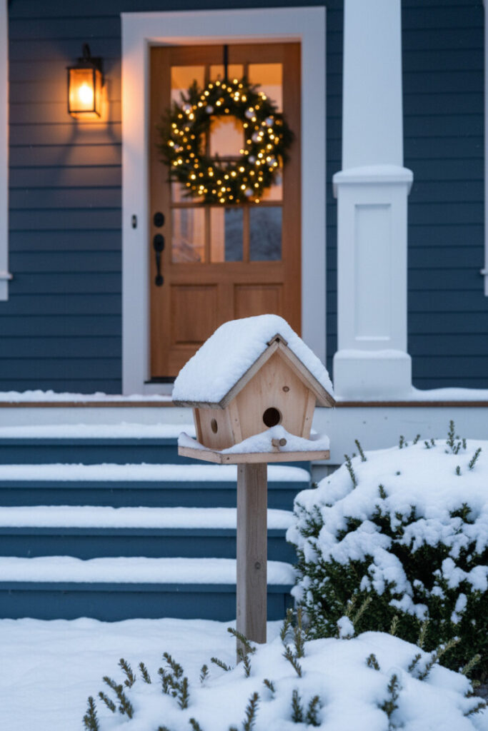 Snowy blue steps with cedar birdhouse in foreground, warm-lit wreath door behind at blue hour, serene holiday welcome.