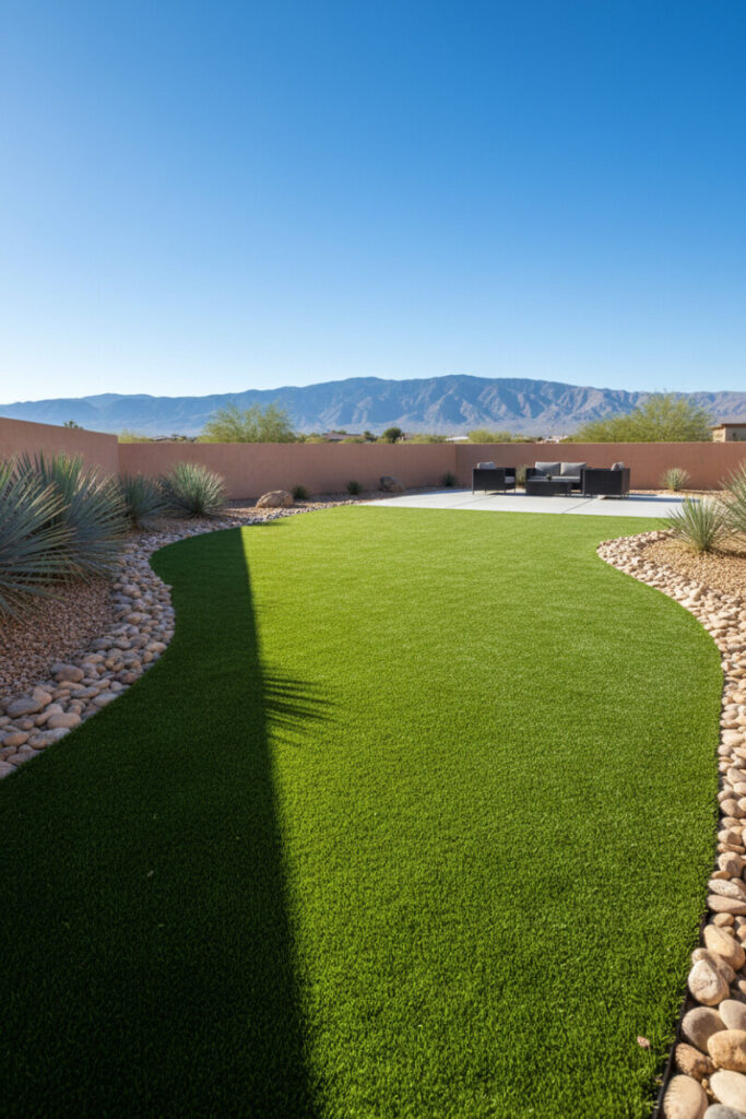 Artificial turf framed by warm tan river cobbles and decomposed granite, with yucca and blue agave accents under strong midday sun—Xeriscape Ideas for modern desert backyards.