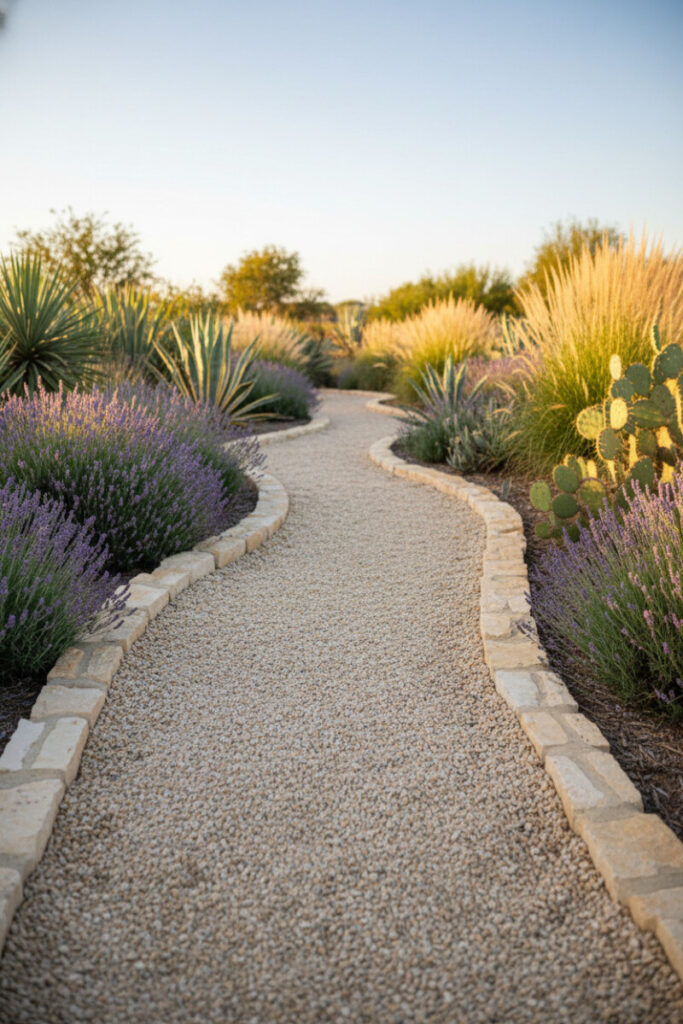Winding pale beige gravel path edged with buff fieldstones, surrounded by lavender, agave, yucca, and ornamental grasses—drought-tolerant landscaping walkway.