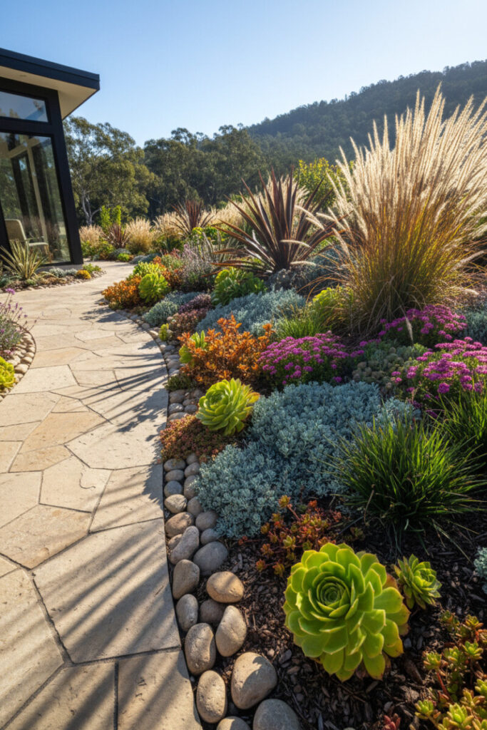 Sedum and low succulent groundcovers spilling along a flagstone edge with river stones on a gentle slope—xeriscape ideas for front yard edges.