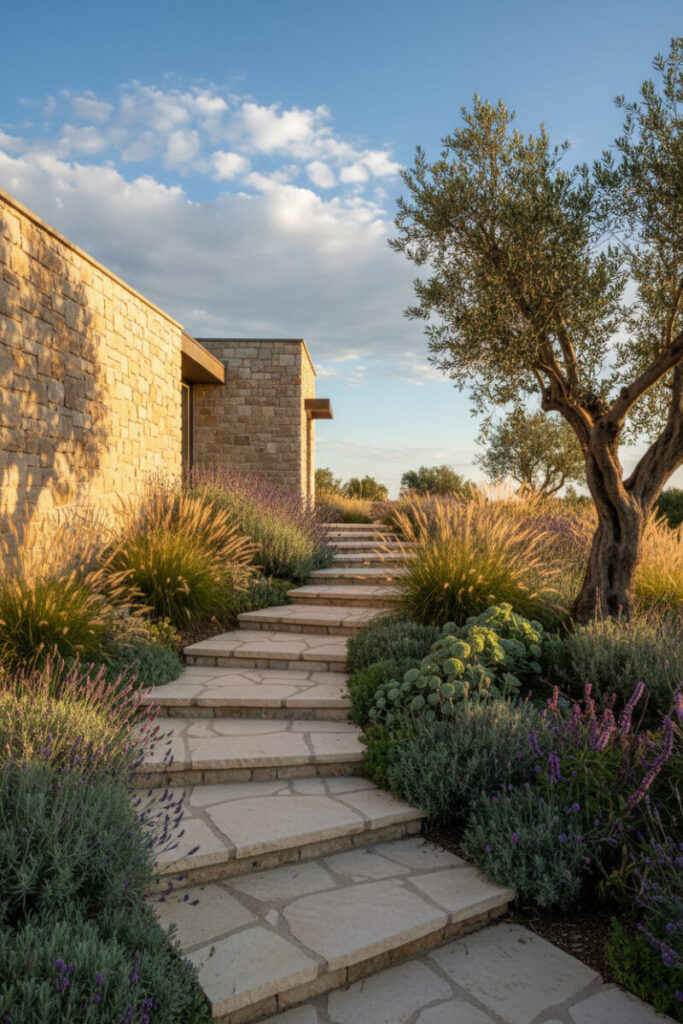 Curving flagstone steps bordered by lavender-like shrubs, wispy grasses, and purple spikes beside a stone-clad house—drought-tolerant landscaping with shrubs.