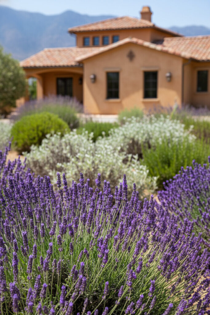 Massive clump of purple lavender in midday sun against ochre stucco and terracotta roof, with silvery Mediterranean foliage.