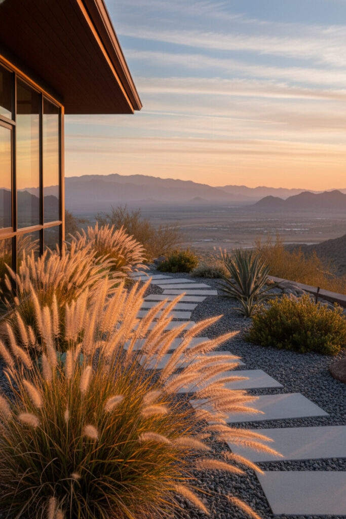 Backlit plumes of ornamental grasses glowing along smooth gray steppers set in cool-toned gravel, valley and mountains beyond—water-wise landscaping with grasses.