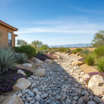 Dry stream bed of sun-bleached cobbles winding through agave, olive shrubs, and violet groundcovers near a tan stucco building—Xeriscape Ideas rock garden.