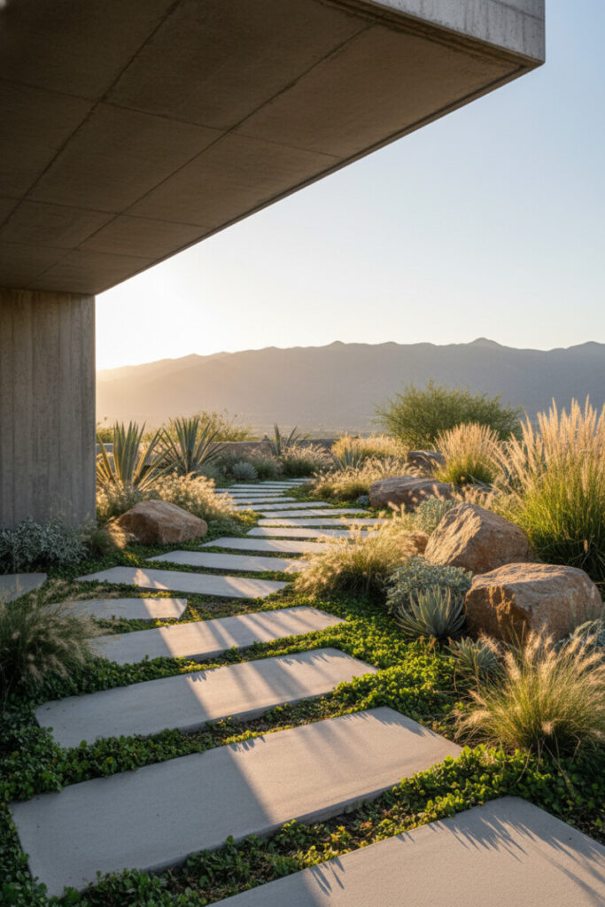 Widely spaced concrete steppers with green creeping groundcover and boulders beneath a Brutalist overhang—low-maintenance drought tolerant landscaping path.