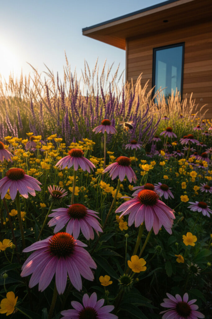 Coneflowers and golden natives with a hovering honeybee, backed by liatris and tall grasses near a modern wood-and-glass facade.