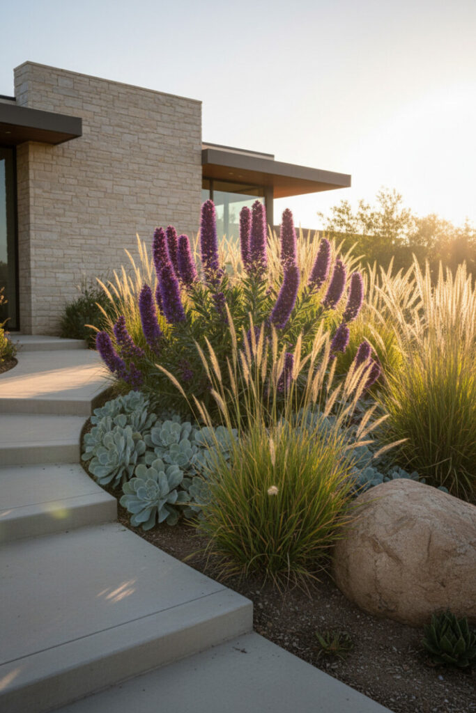 Pride of Madeira violet spikes glowing in backlight beside silvery rosette succulents and a curving concrete path toward stacked-stone architecture.