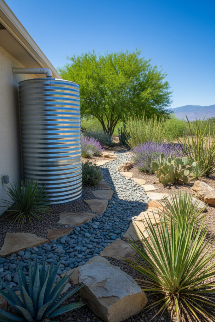 Galvanized cistern feeding a dry creek swale of gray cobbles and tan flagstones, flanked by agave and yucca—water-wise landscaping rain capture.