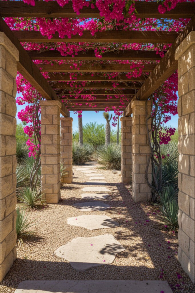 Bougainvillea-laden dark wood pergola over a pale stepping-stone path flanked by crushed gravel and drought plants in harsh midday light.