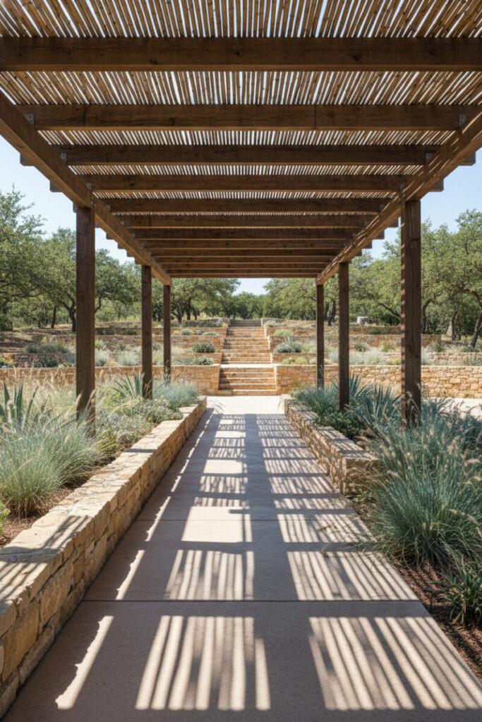 Straight light beige stone path under a bamboo-shaded pergola, with tiered sandstone walls and blue-green grasses—water-wise landscaping shade structure.