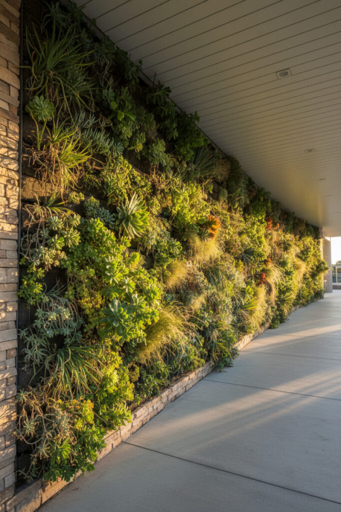Curving stacked-stone living wall planted with succulents, sedums, and wispy grasses, raked by golden hour light.