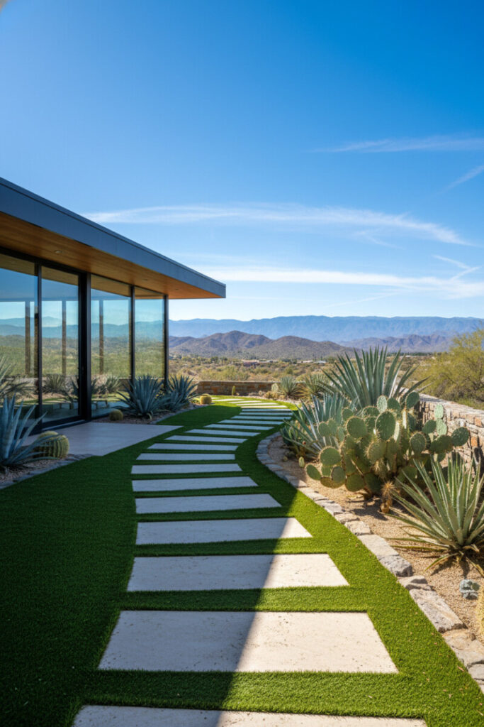 Curvilinear strip of bright water-saving turf with beige rectangular steppers, bordered by agave, prickly pear, and yucca against a stacked stone wall—low-maintenance drought tolerant landscaping accent.