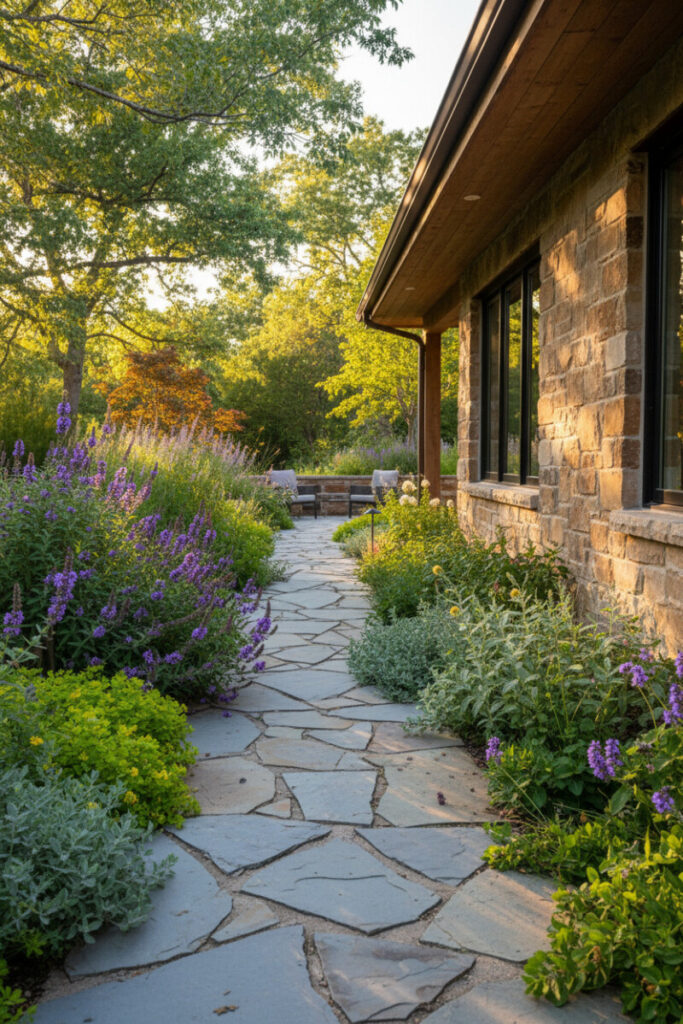 Biodiverse wildlife garden with layered shrubs, grasses, flowers, and a rugged flagstone path beside a tan stacked-stone wall at golden hour.