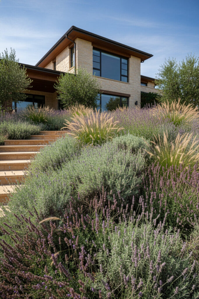 Xeriscape herb garden of lavender, artemisia, thyme, and grasses flanking warm tan stone steps—low-maintenance drought tolerant landscaping herbs.