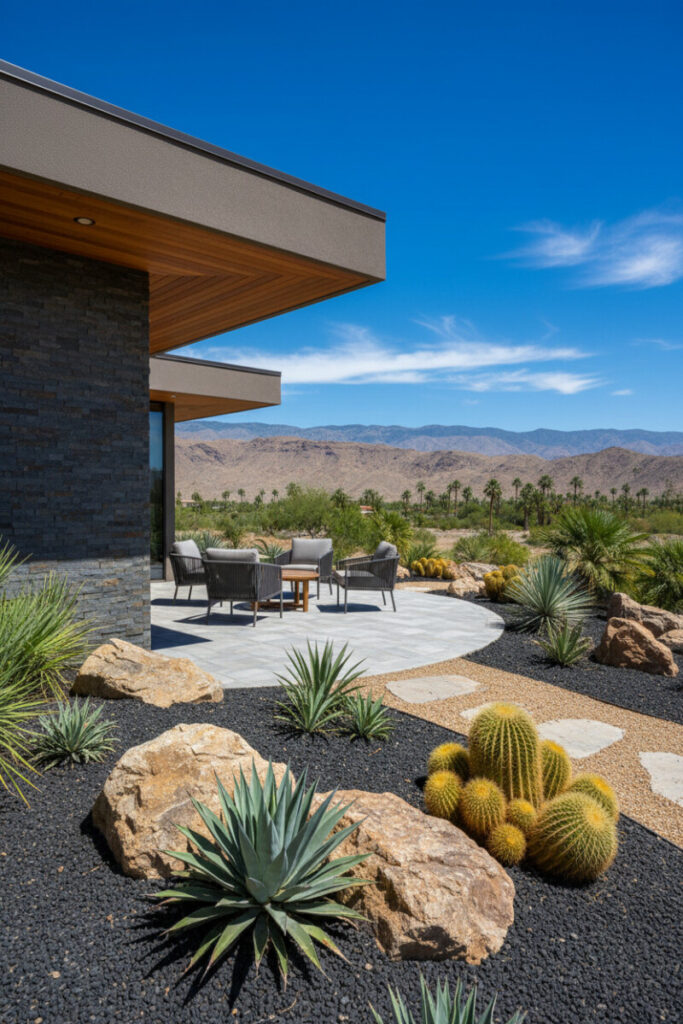 Modern xeriscape patio with black lava rock mulch, tan gravel, agave parryi and golden barrel cacti framing gray pavers—Xeriscape Ideas for outdoor living.