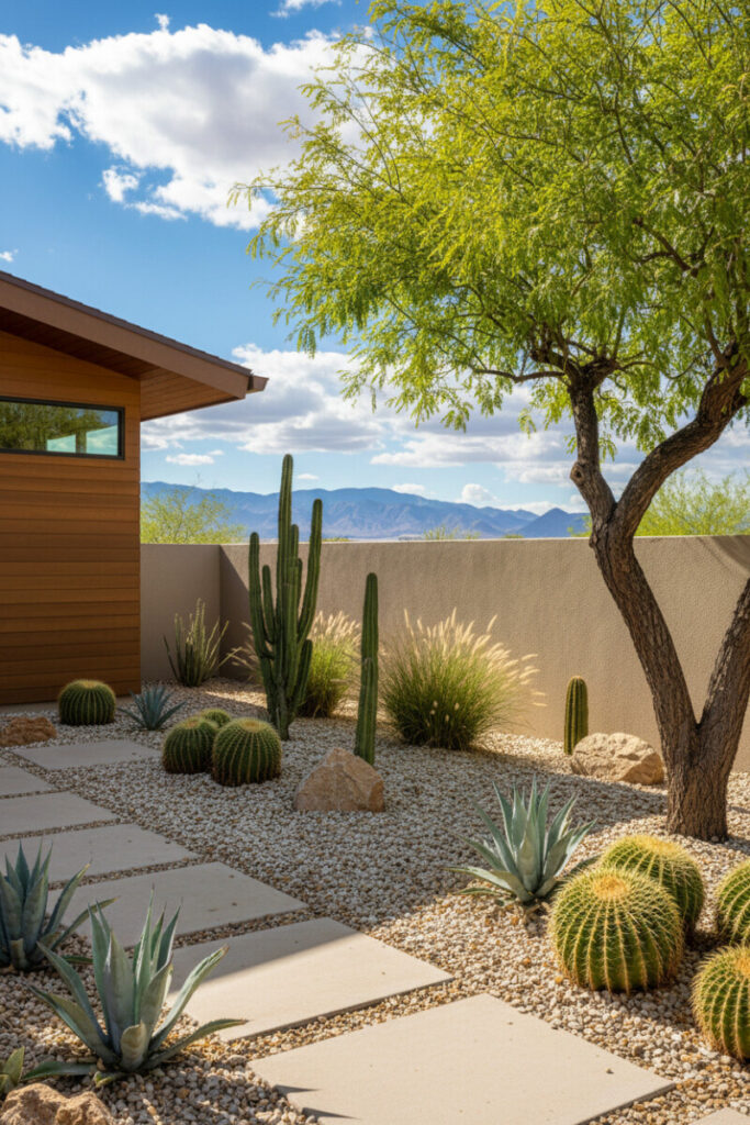 Xeriscaping tree with textured trunk and lime-green canopy over rectangular pavers set in crushed rock, underplanted with agaves, barrel cacti, and backlit grasses.