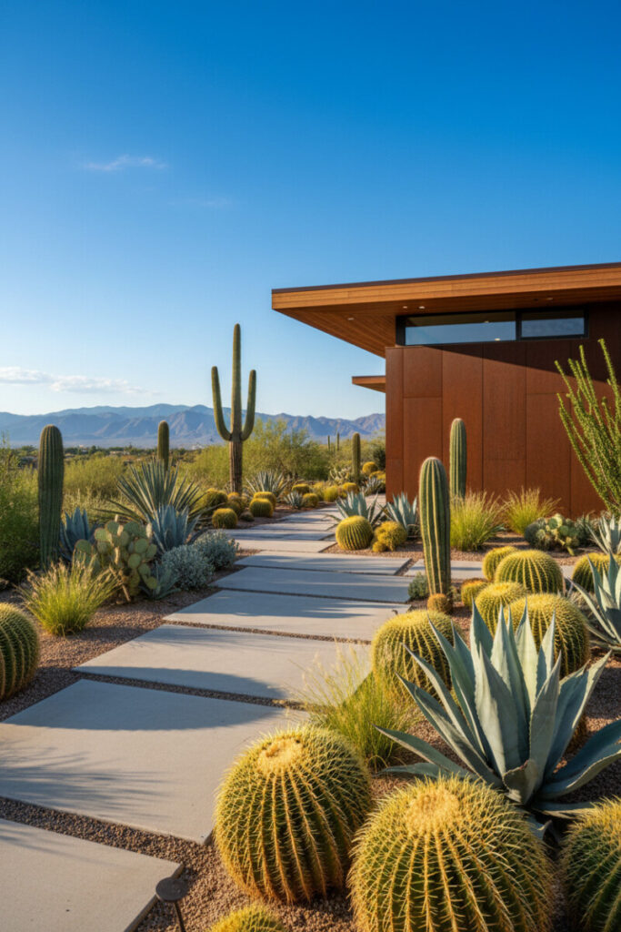 Low-angle view of golden barrel cacti, blue agave, and columnar cacti along a concrete paver path toward a Cor-Ten and wood facade at golden hour.