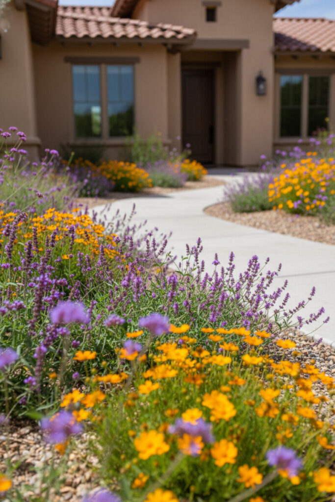 Front garden of vivid coreopsis, calendula, verbena, and salvia bordering a curving concrete walk to a stucco home—xeriscape ideas for front yard color.