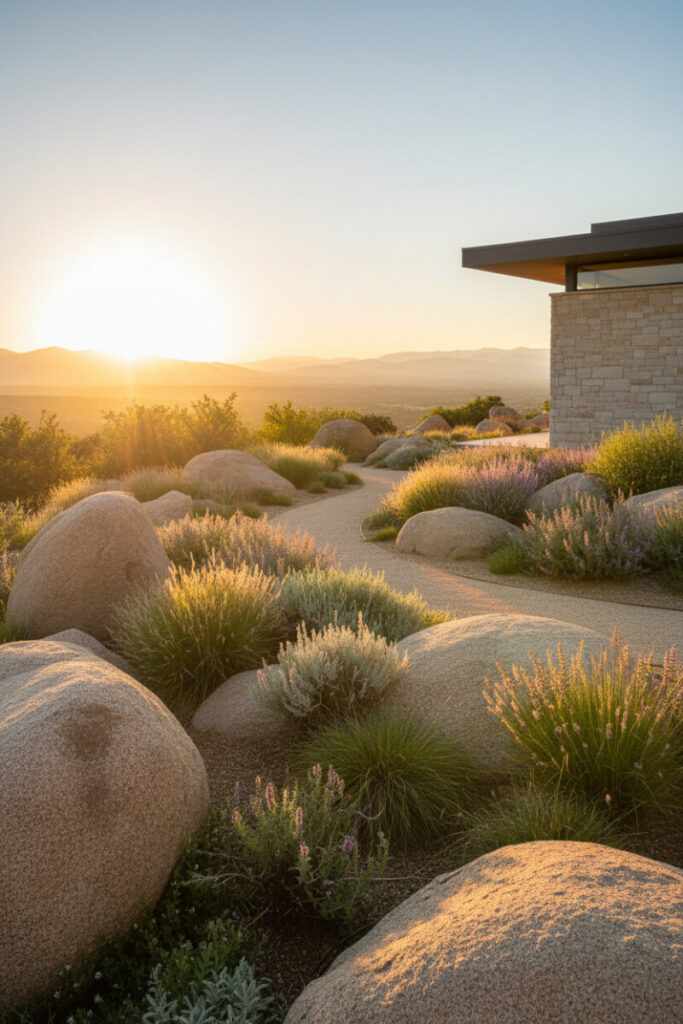 Curving decomposed granite path weaving among sunlit granite boulders, Russian sage, and silvery grasses at sunset.