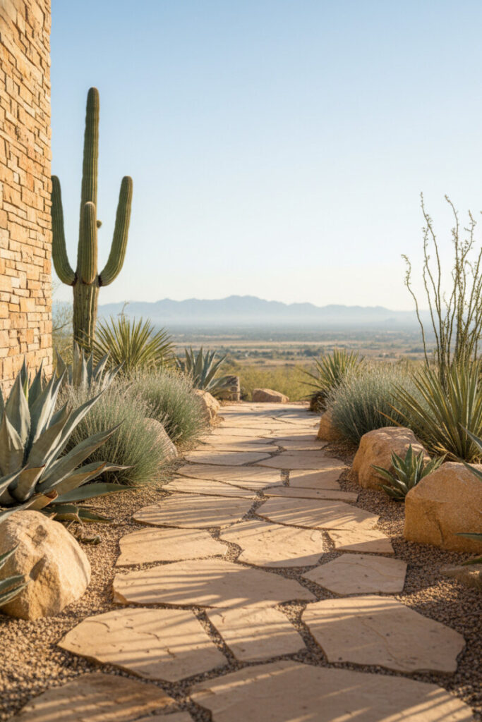 Saguaro, blue-gray agave, and sage shrubs structured against stacked stone and terracotta walls in crisp high-noon contrast—drought-tolerant landscaping.