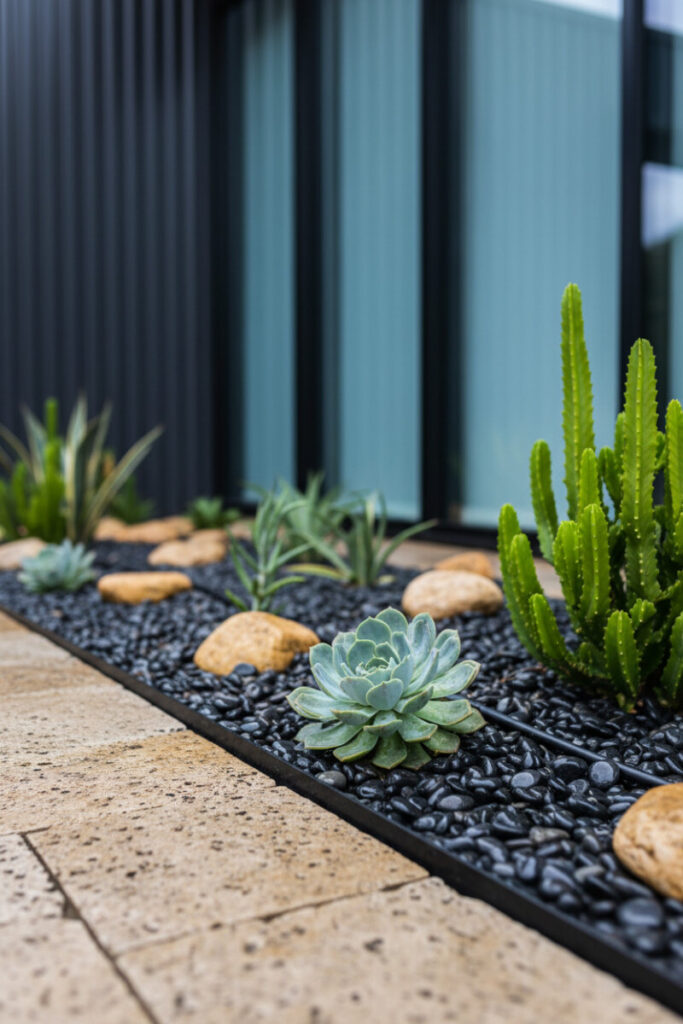 Close-up of drip irrigation lines tucked beneath black river pebbles and tan stones among echeveria and pencil succulents—water-wise landscaping detail.
