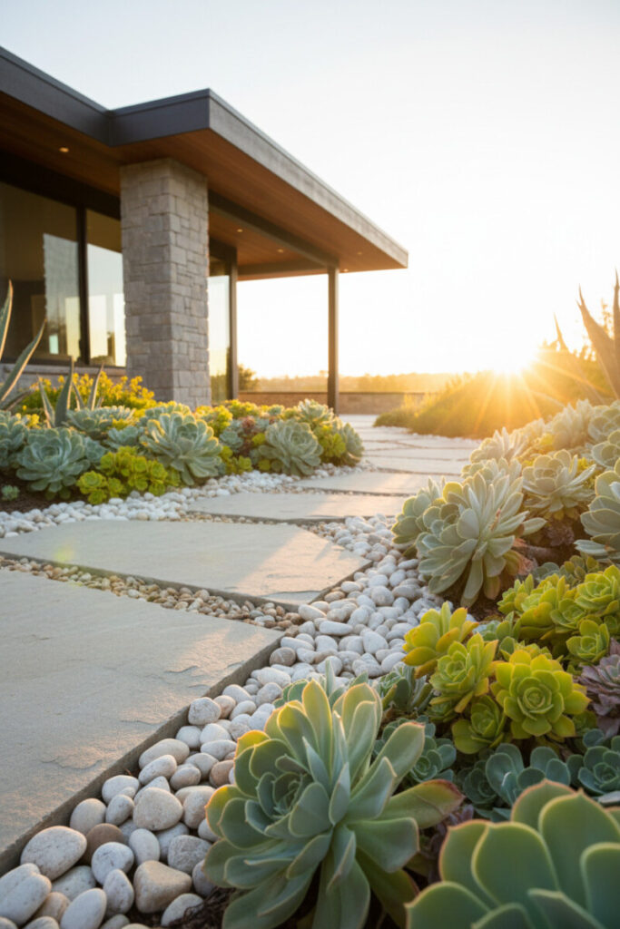 Golden backlit echeveria and lime-green succulents lining irregular flagstones with white and tan river stone borders—Xeriscape Ideas for luminous textures.