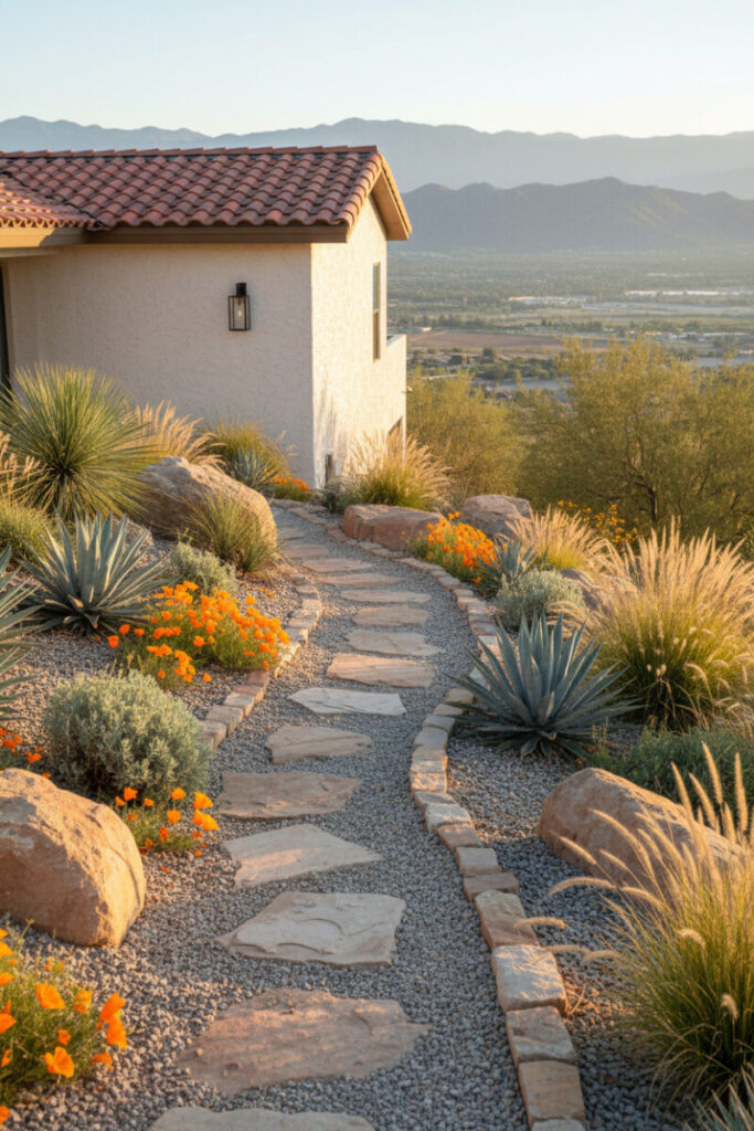 Fire-resilient agave, sagebrush, poppies, and native bunchgrasses terracing a steep hillside with gravel stepping stones at golden hour.