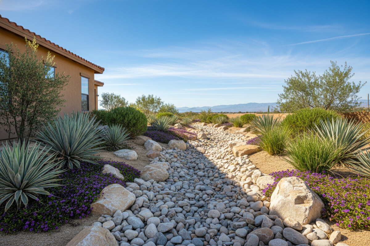 Dry stream bed of sun-bleached cobbles winding through agave, olive shrubs, and violet groundcovers near a tan stucco building—Xeriscape Ideas rock garden.