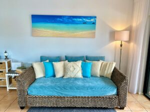 blue and white floral sofa