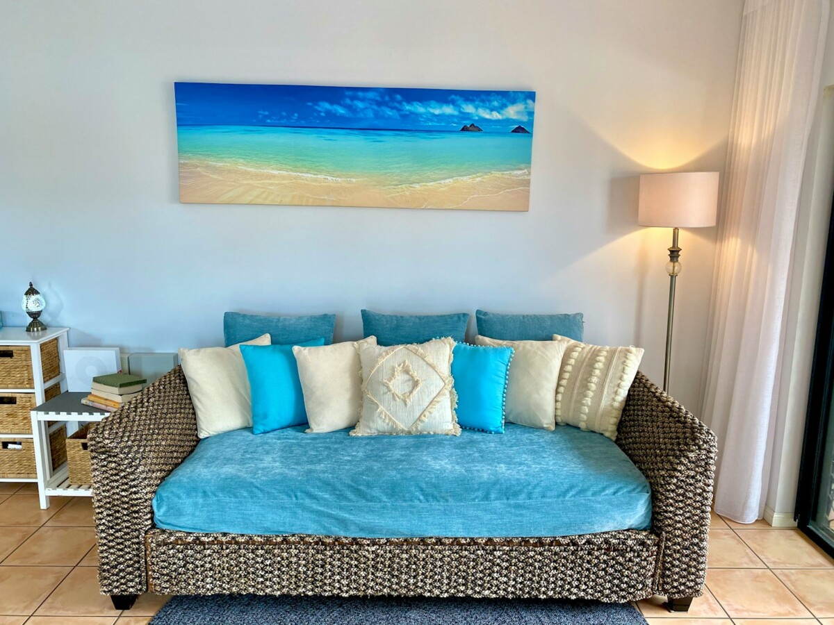 blue and white floral sofa