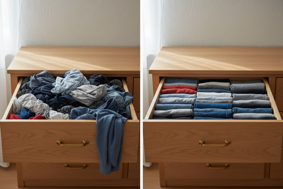 Comparison scene showing a messy overstuffed laundry drawer next to a neatly organized drawer with folded clothes standing vertically, clear contrast, realistic home interior, soft lighting, lifestyle photography, high detail