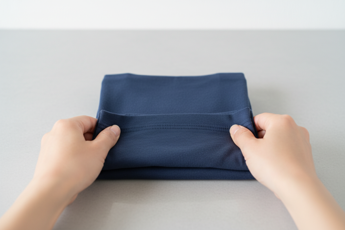 Visual showing hands folding a t-shirt neatly into a compact rectangle on a flat surface, neutral background, clean minimalist style, realistic photography, instructional composition, clear folds visible