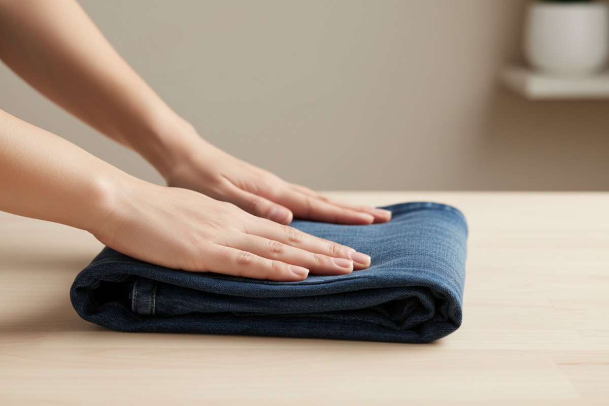 A pair of jeans being folded flat into a compact shape on a clean surface, clear focus on reducing bulk, realistic photography, simple background, practical home organization style