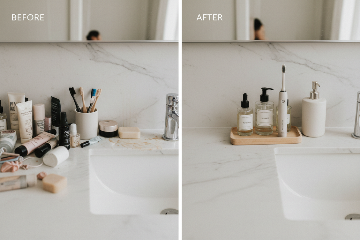 Bathroom countertop before and after decluttering, neatly arranged skincare products on a small tray, toothbrush and soap only, clutter-free sink area, neutral tones, realistic lifestyle photography