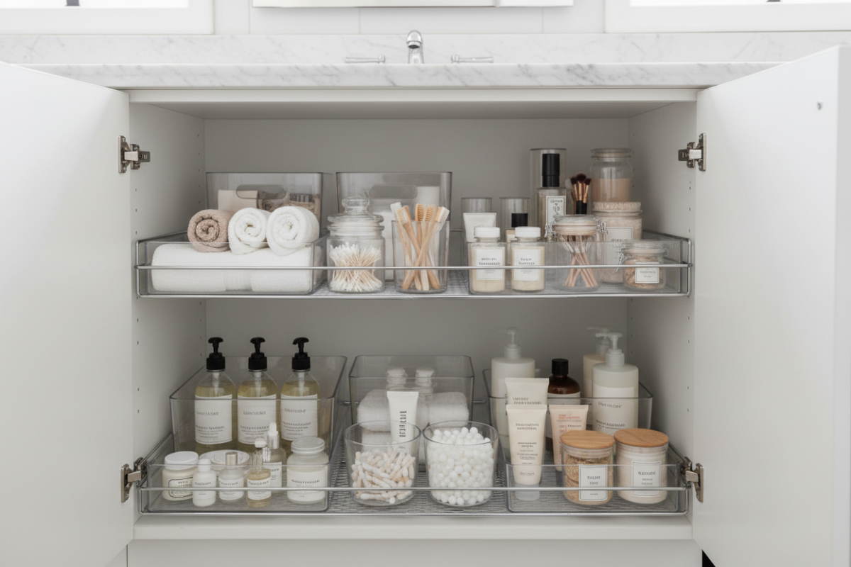 Open bathroom cabinet with shelves pulled forward, organized clear storage bins, containers, visible toiletries, no clutter, realistic home organization photography